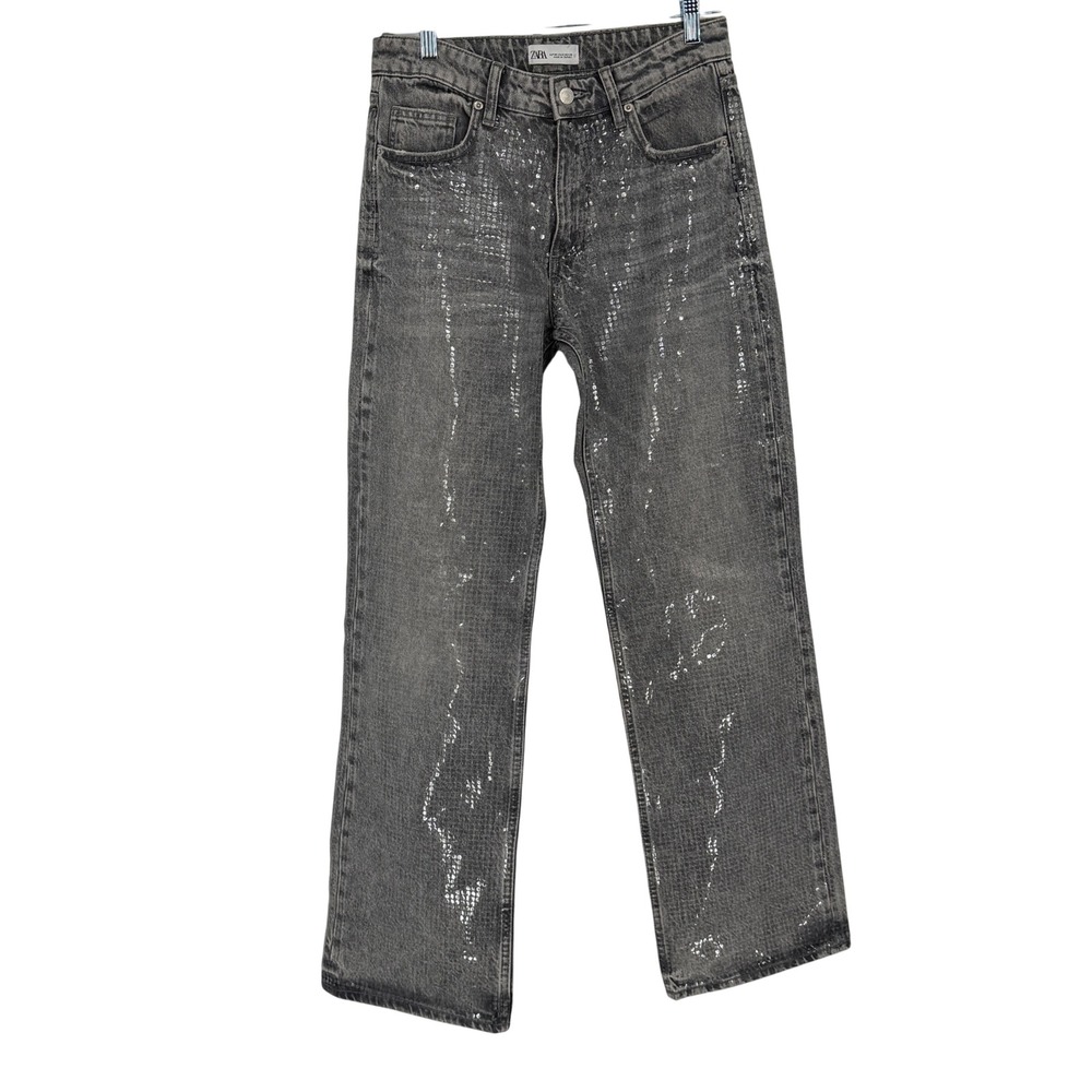 ZARA Women Grey Sequin Embellished High Rise‎ Straight Leg Jeans Size 6 EUR 38